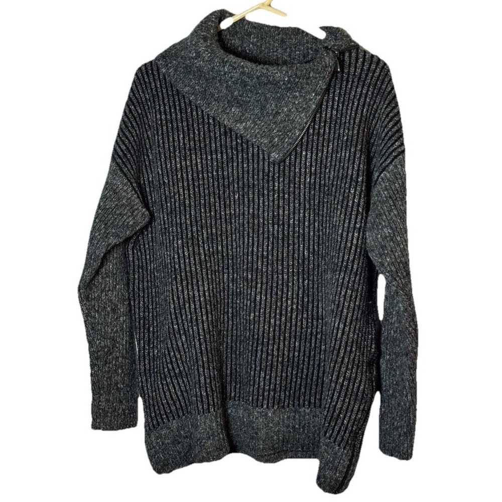 Lea & Nicole Womens XL Ribbed Knit Sweater Gray‎ Cowl Neck Asymmetrical Zip